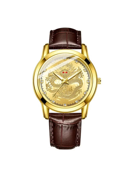 Men’s Gold Dragon Dial Quartz Watch with Leather Strap – Fashion Business Set