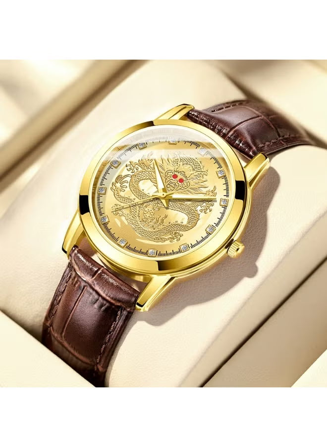Men’s Gold Dragon Dial Quartz Watch with Leather Strap – Fashion Business Set