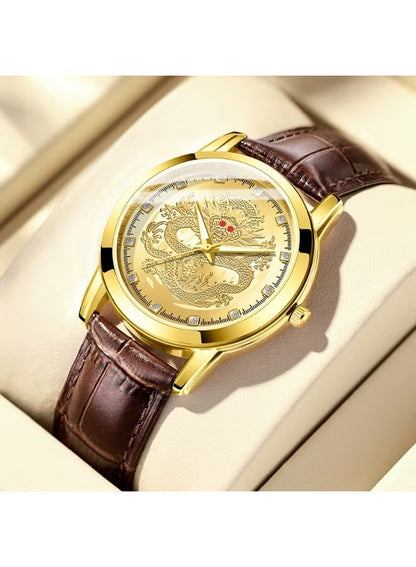 Men’s Gold Dragon Dial Quartz Watch with Leather Strap – Fashion Business Set