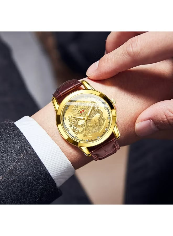 Men’s Gold Dragon Dial Quartz Watch with Leather Strap – Fashion Business Set