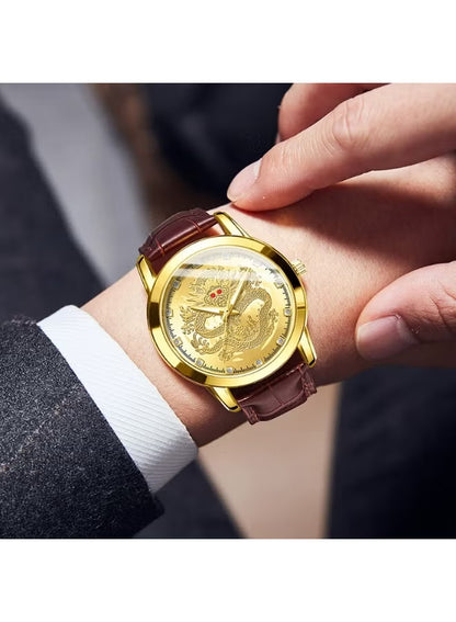 Men’s Gold Dragon Dial Quartz Watch with Leather Strap – Fashion Business Set
