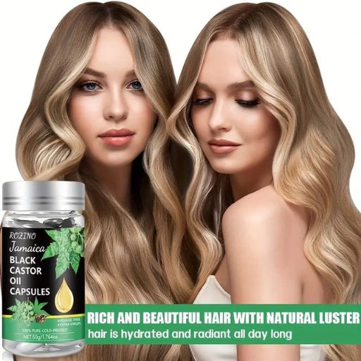 50pcs/box Black Castor Oil Capsules, Containing Arginine Oil, Castor Oil And Vitamin A, C, E Pro Vit B5 Natural Hair Essence Capsules, Suitable For All Hair Types, Smooth Hair Essence